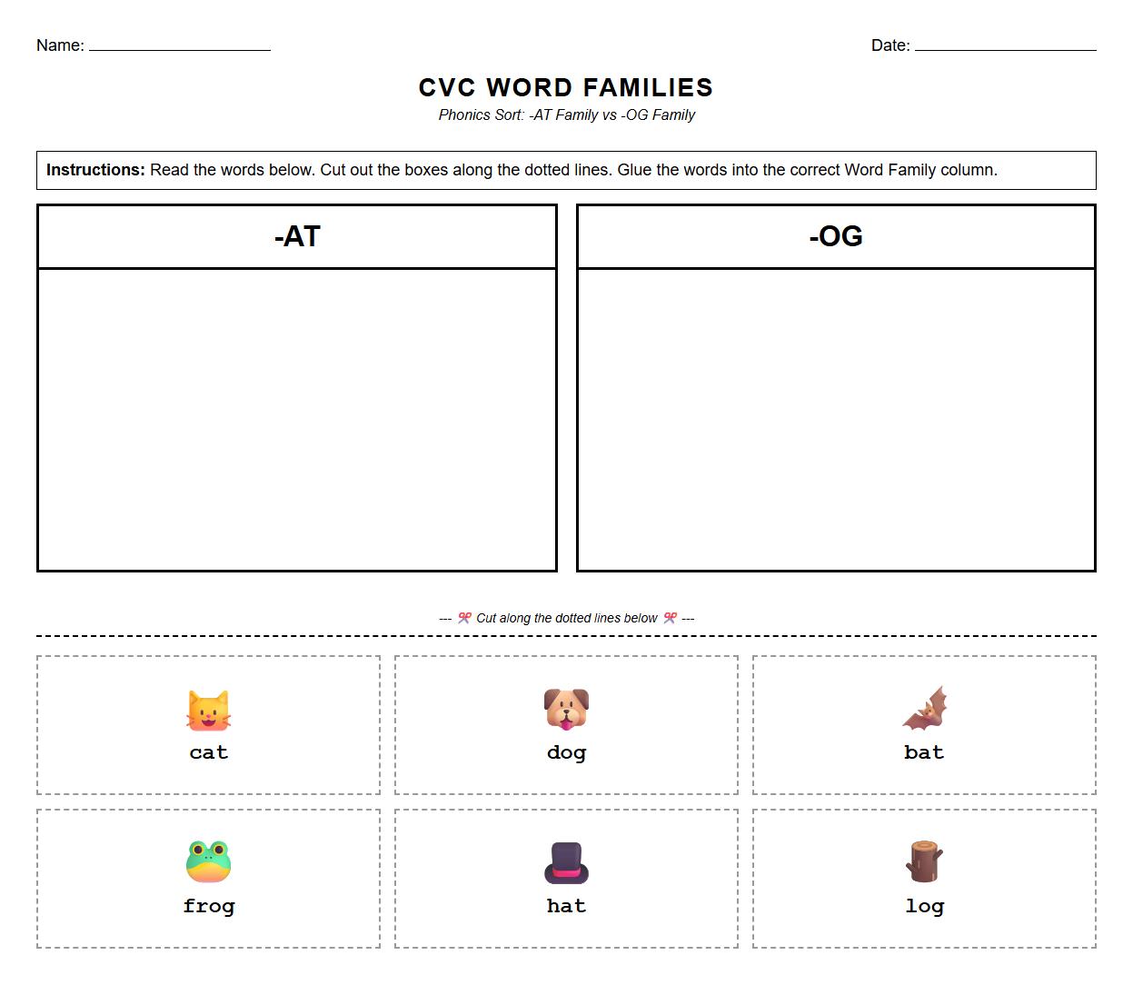 CVC Word Families Color and Sort Phonics Worksheet