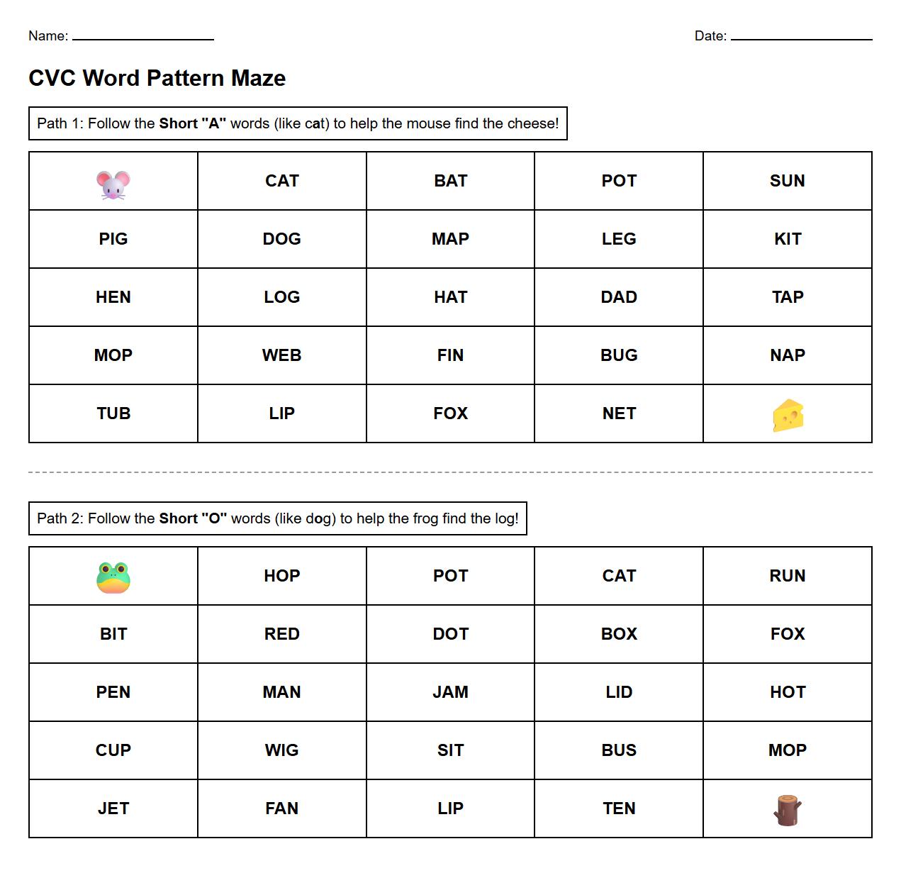 CVC Word Pattern Maze Worksheets for Early Reading