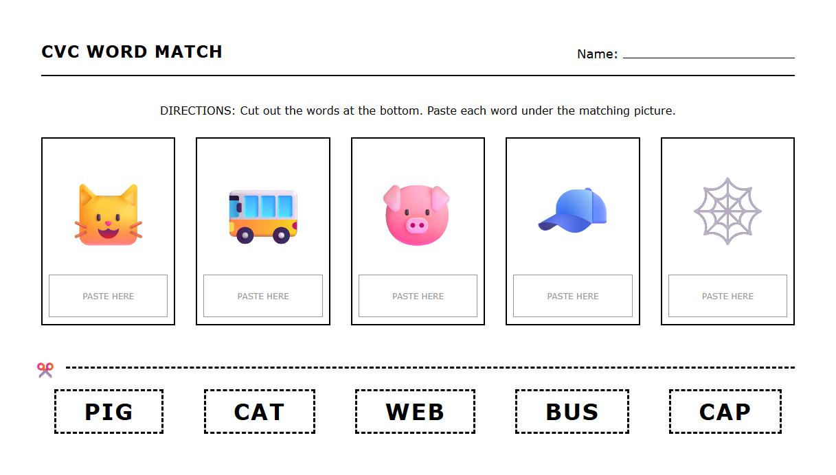 CVC Word to Picture Cut and Paste Task