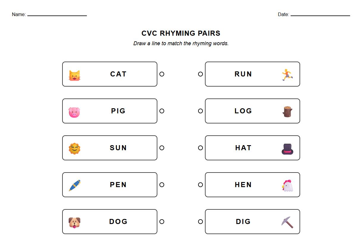 CVC Word Rhyming Pairs Phonics Worksheet Activity