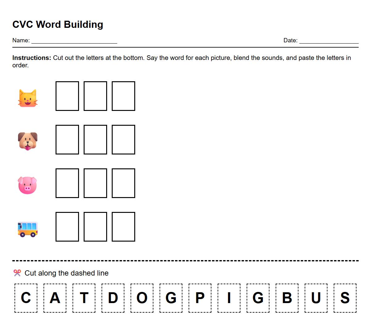 CVC Words Phonics Blending Cut Out Task
