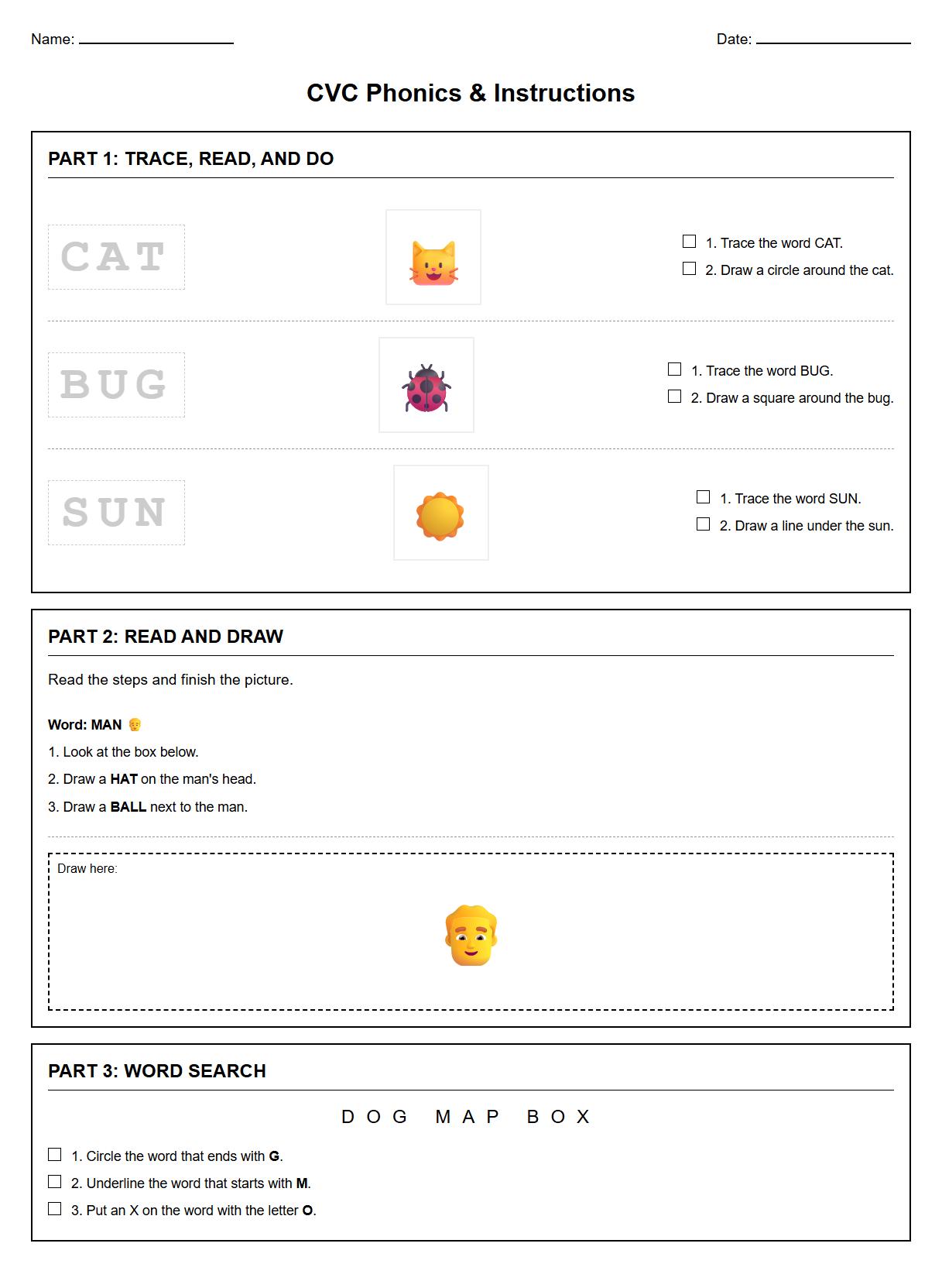 CVC Words Phonics Worksheet for Following Step by Step Instructions