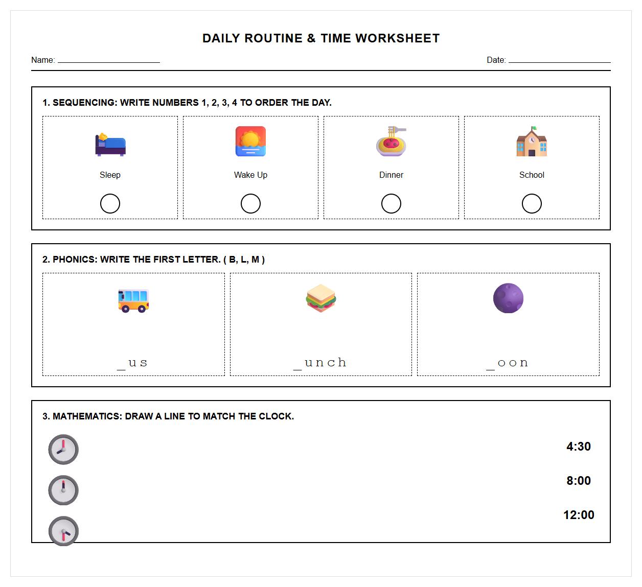 Daily Routine Time Sequencing Phonics Exercise