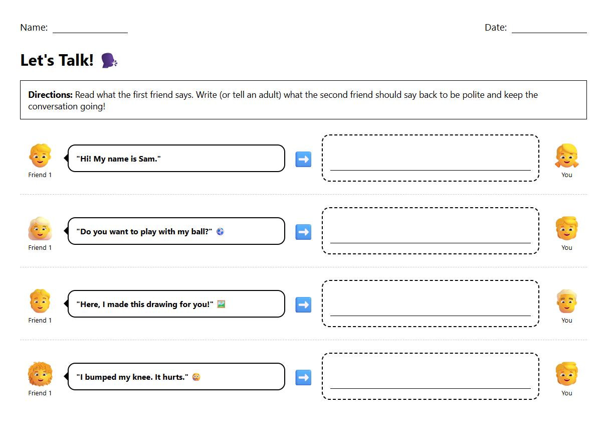 Dialogue Completion Worksheet for Conversational Turn-Taking