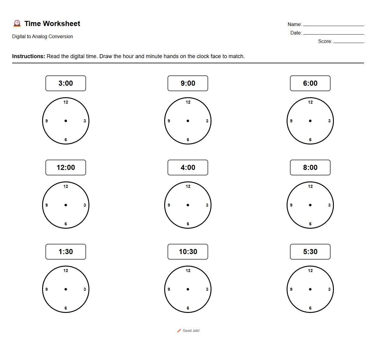 Digital to Analog Time Conversion Worksheet