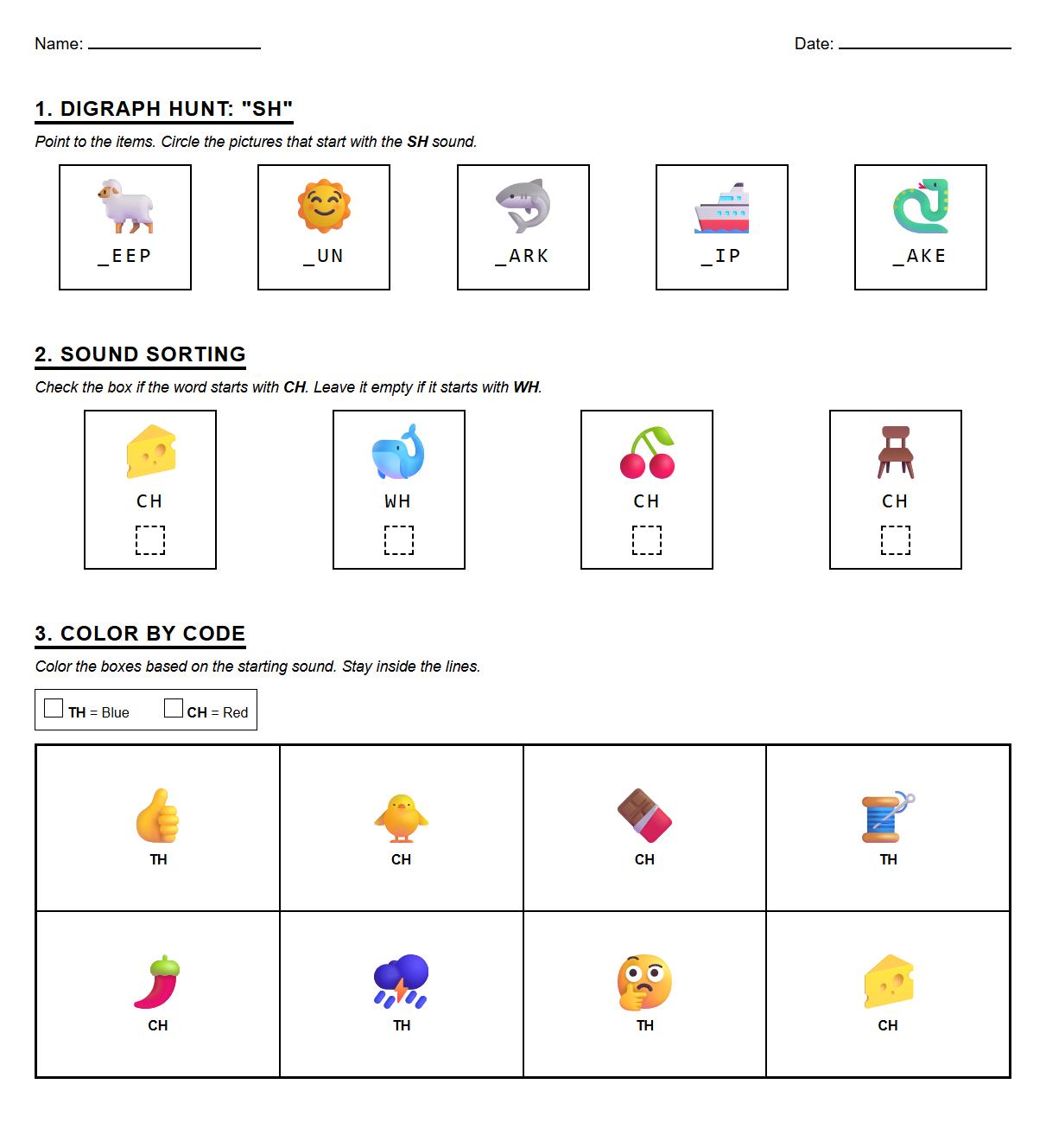 Digraph Identification and Color Segmentation Worksheet