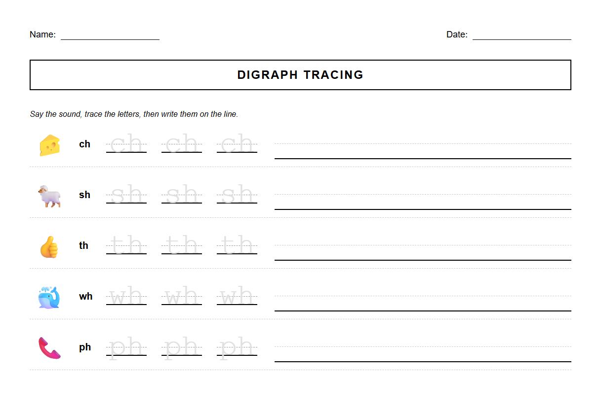 Digraph Phonics Tracing Worksheet for Letter Recognition