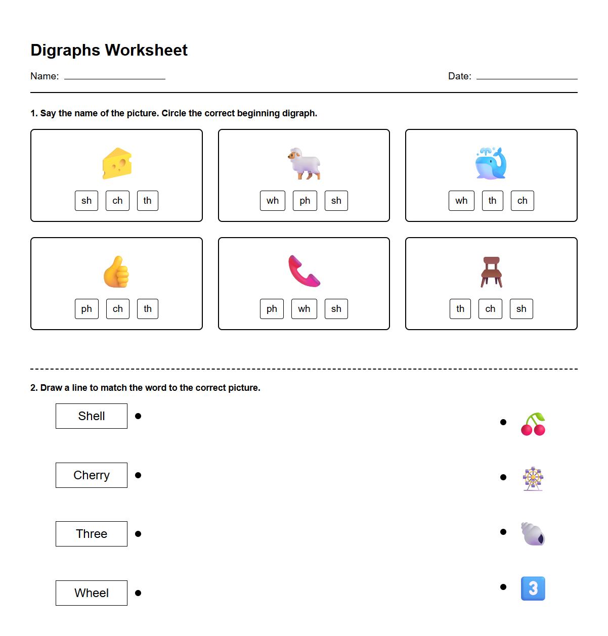 Digraphs Identification and Word Match Worksheet