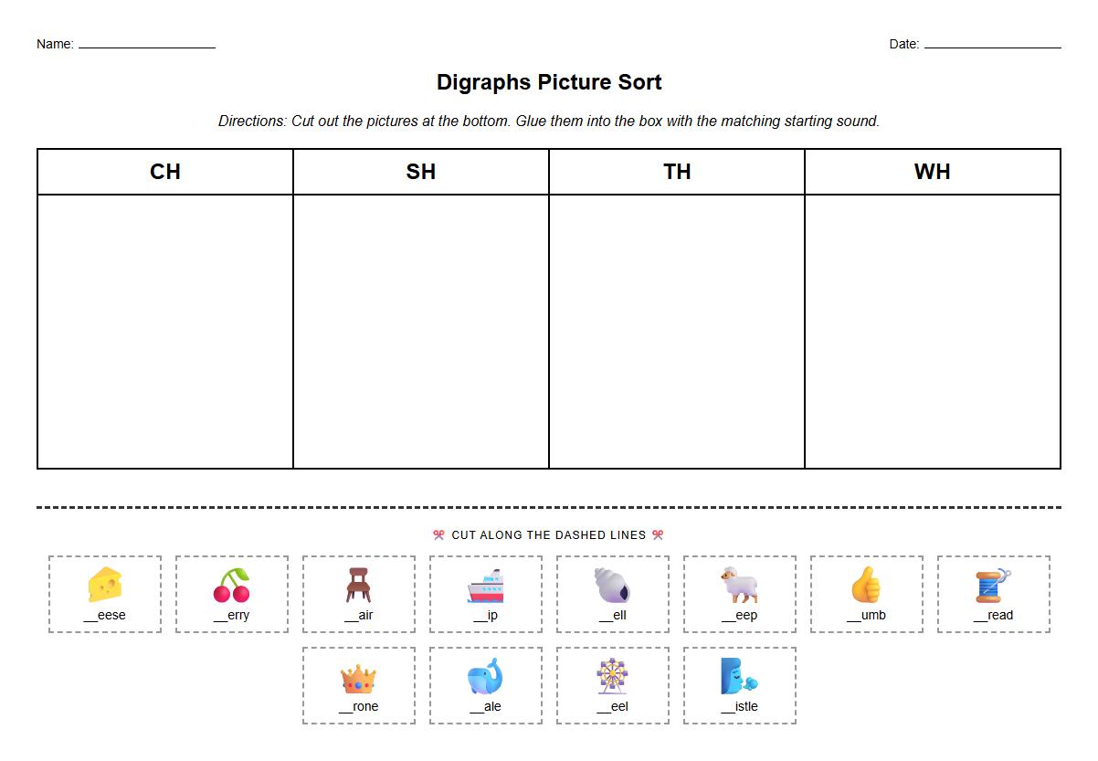 Digraphs Picture Sorting Worksheet