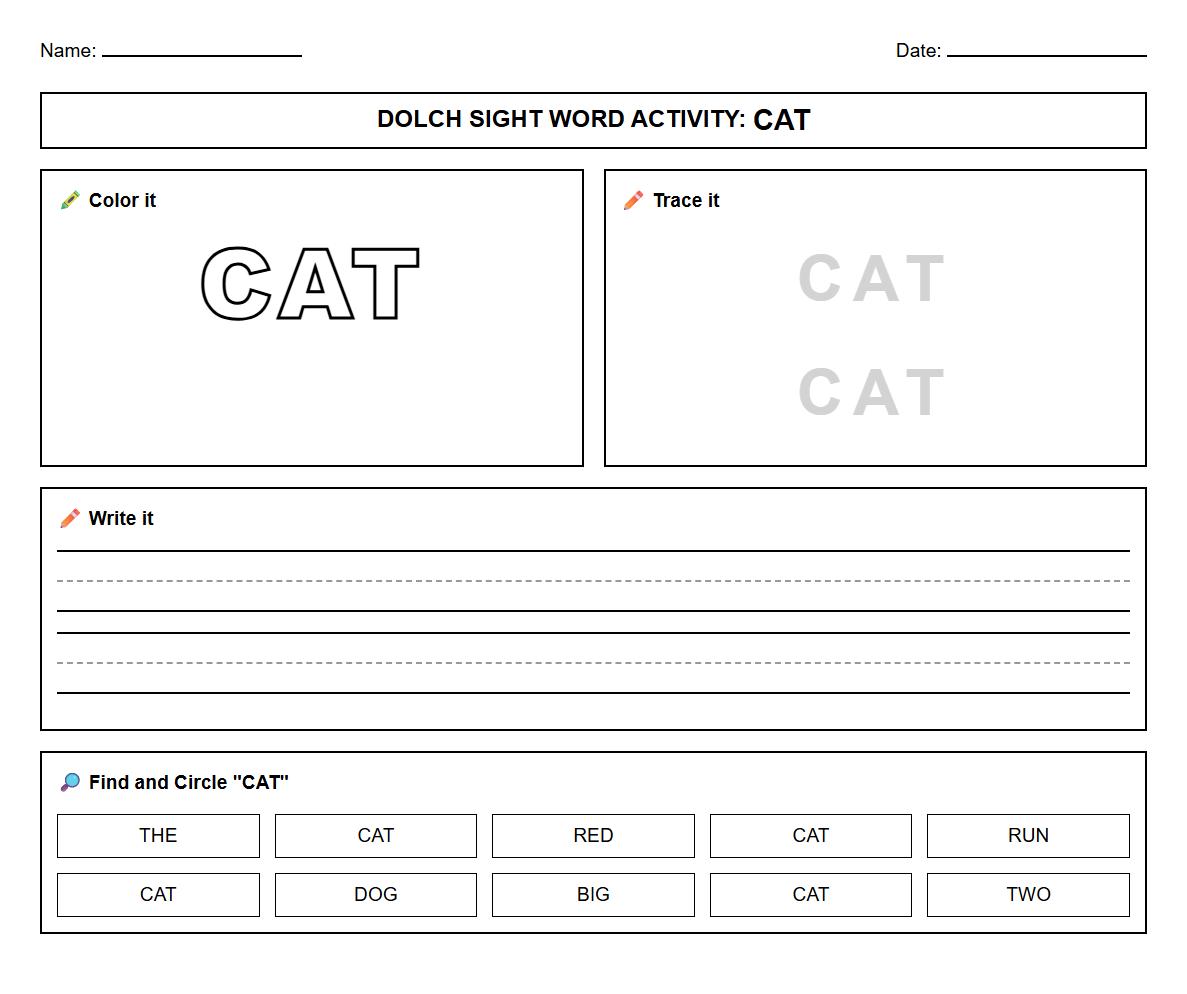 Dolch Sight Words Tracing and Coloring Worksheet