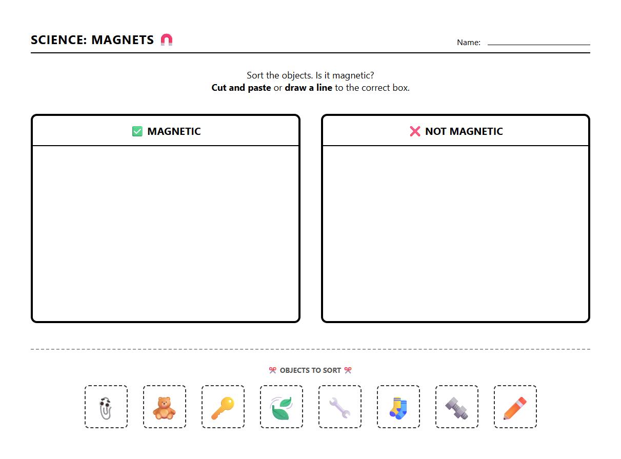 Drag and drop digital worksheet for distinguishing magnetic objects