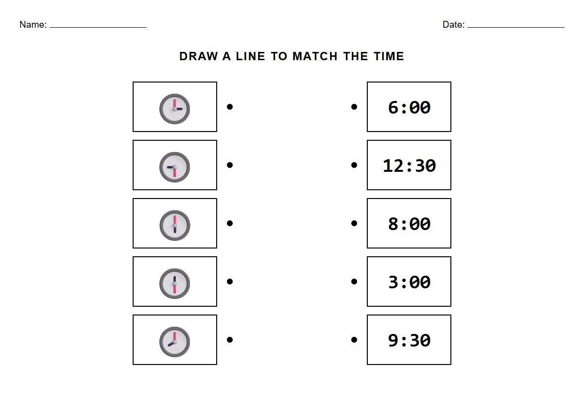 Draw a Line to Match Analog and Digital Telling Time Hour Half Hour