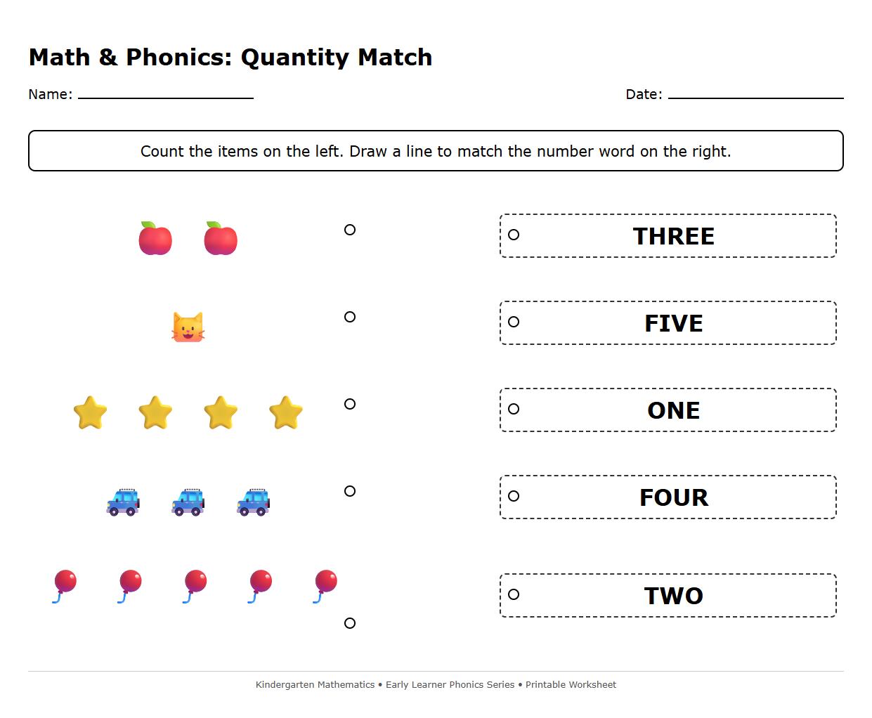Early Learner Phonics Worksheet Matching Quantities to Words