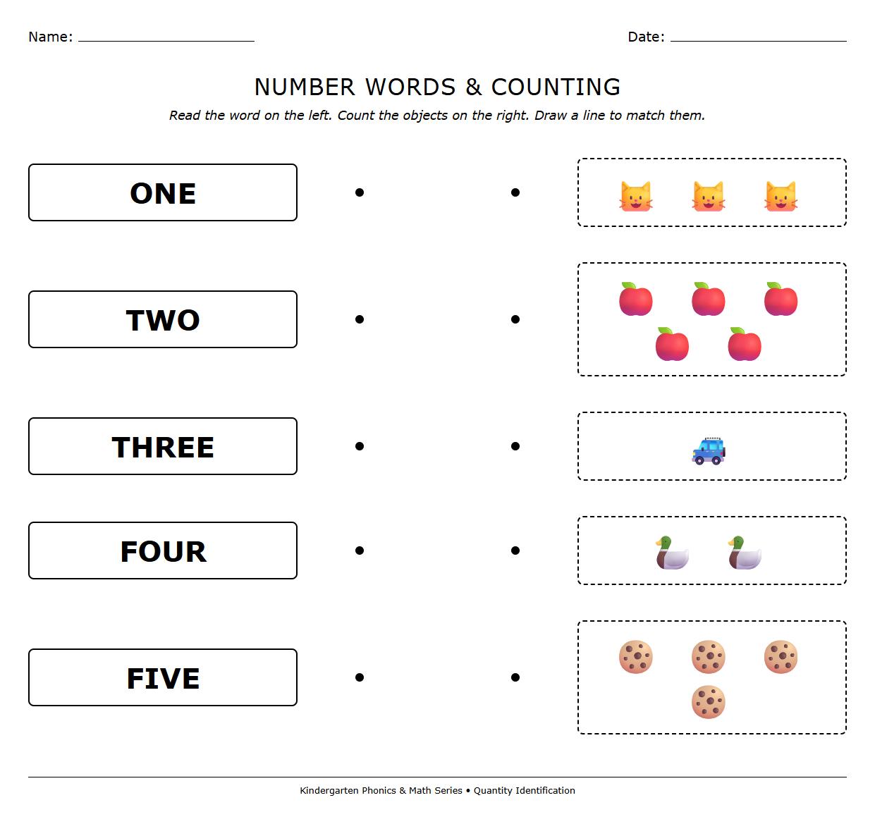 Early Learner Phonics Worksheet Pairing Quantity Words with Object Sets