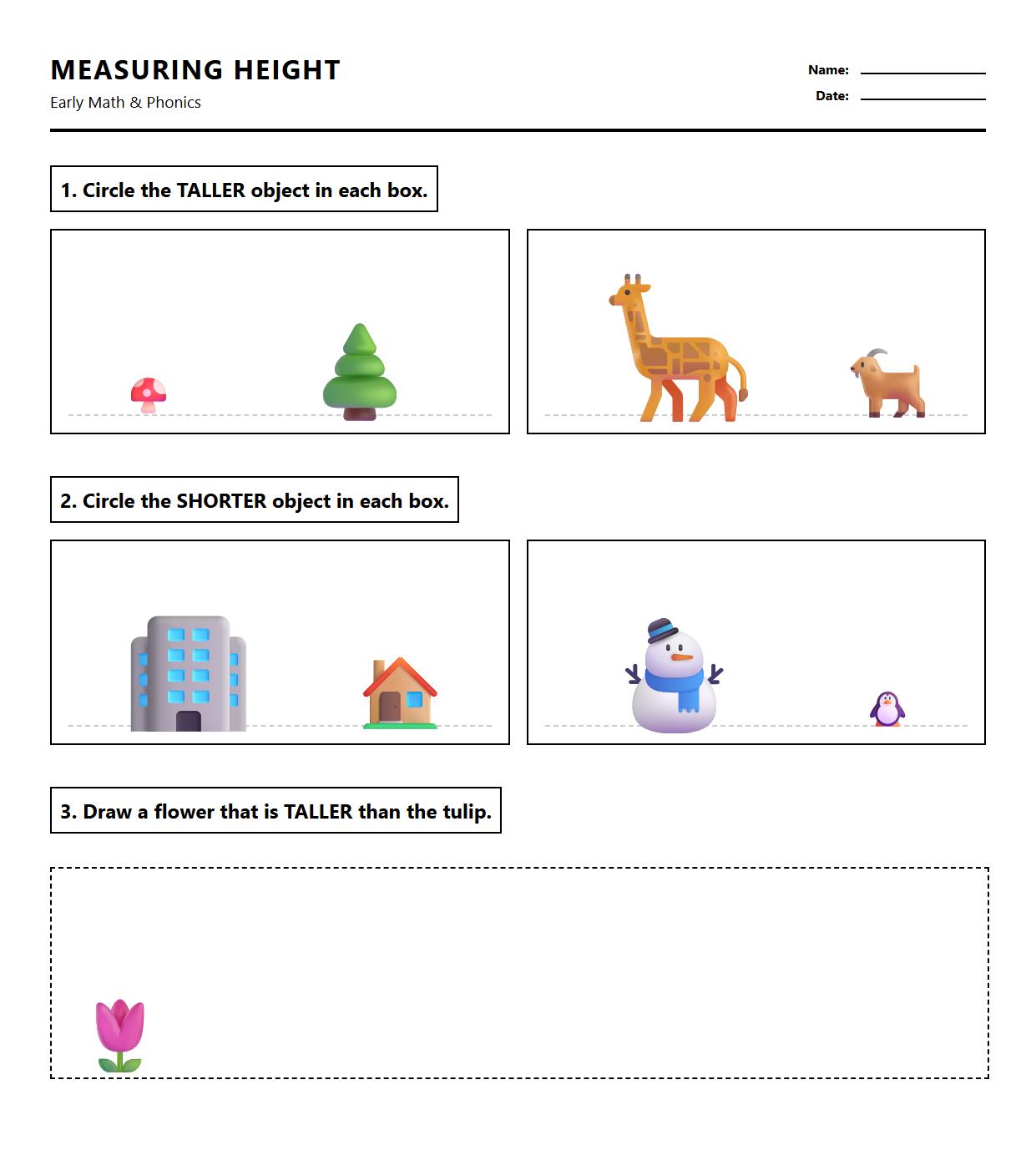 Early Math Phonics Worksheet Measuring Objects by Height