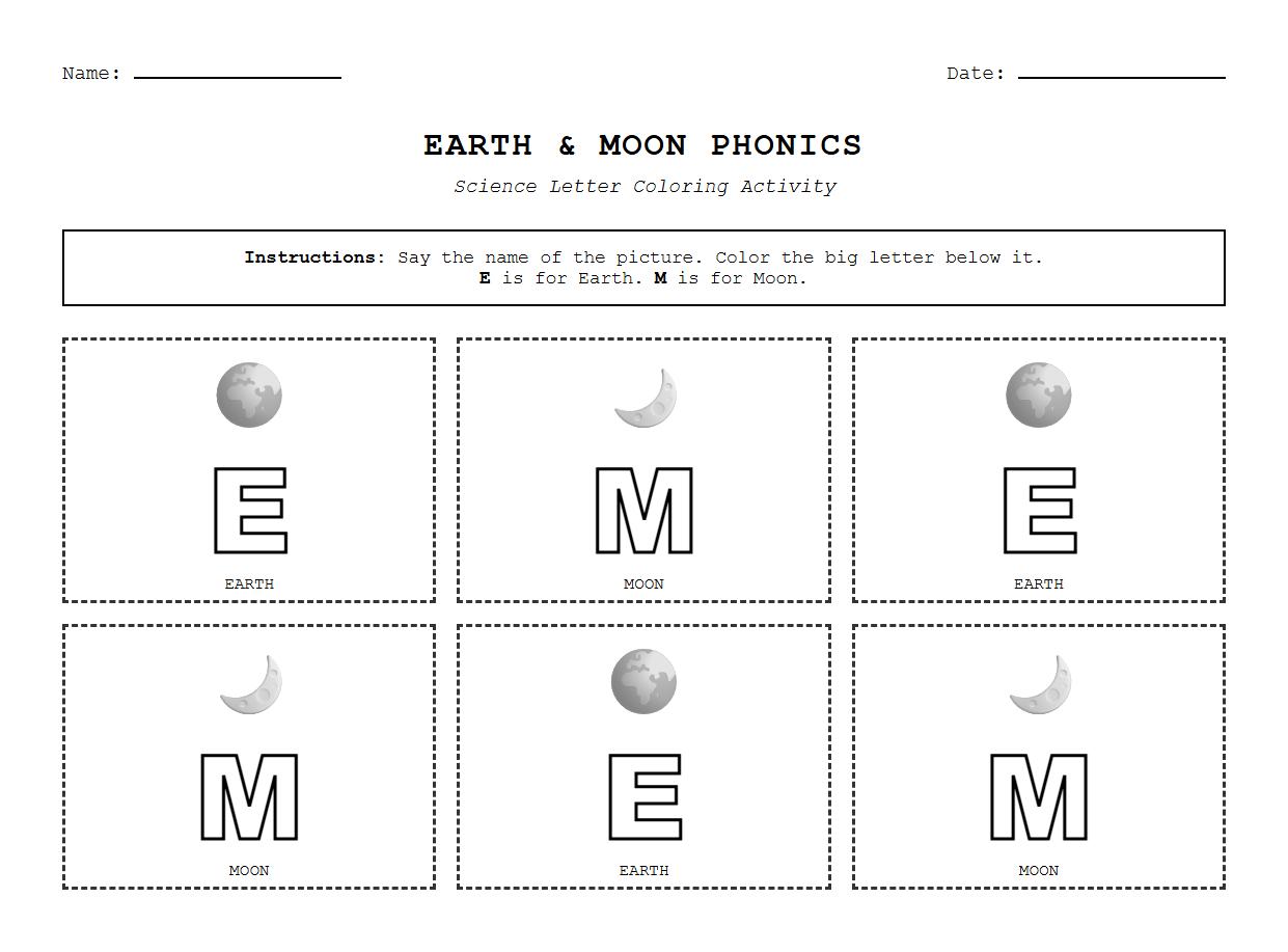 Earth and Moon Phonics Letter Coloring Activity Sheet