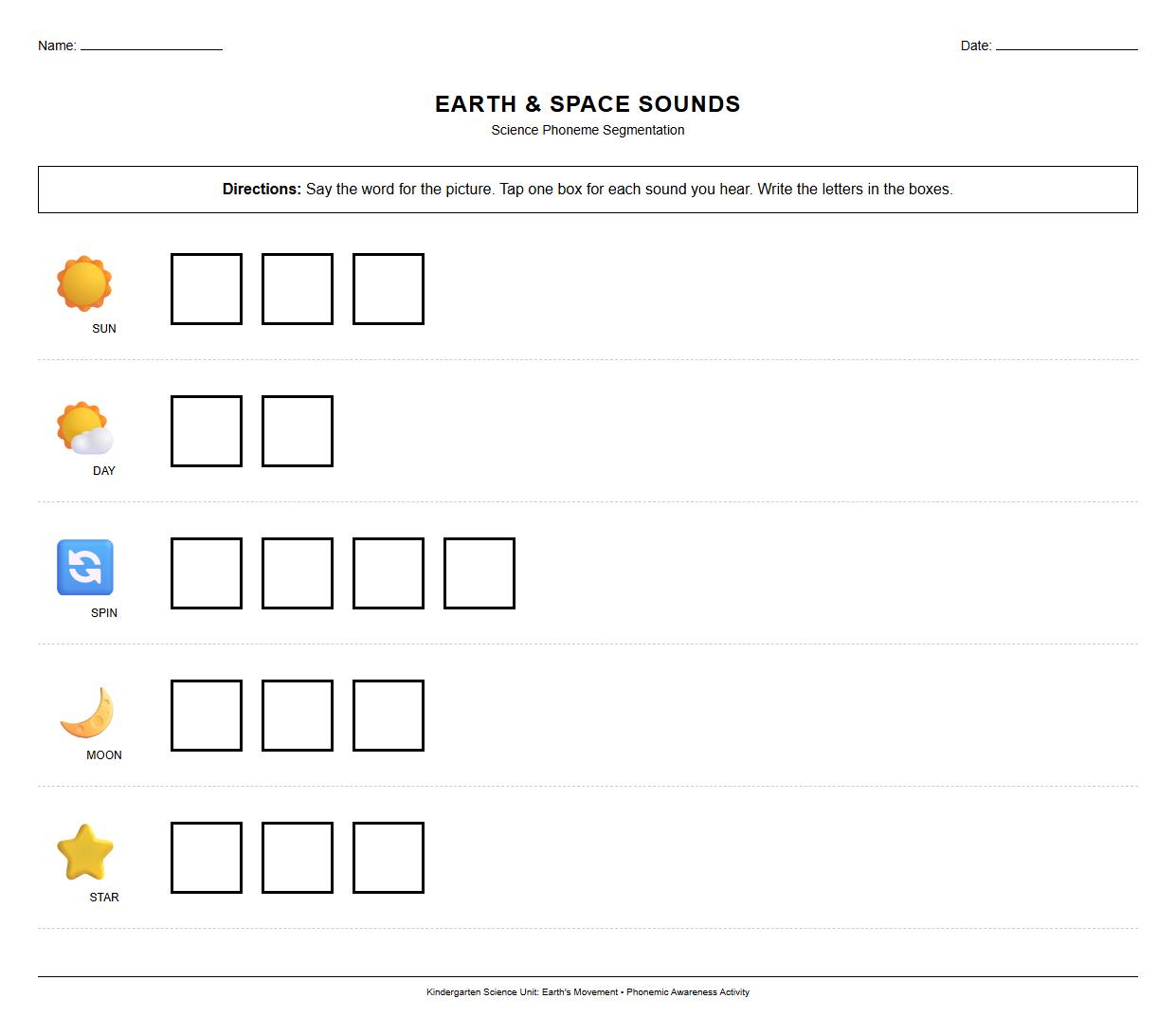 Earth Rotation and Revolution Phoneme Segmentation Worksheet