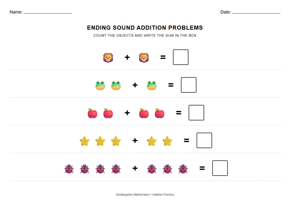 Ending Sound Addition Problems for Kindergarten