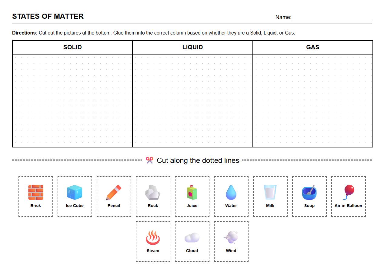 Everyday Objects States of Matter Sorting Cards Worksheet