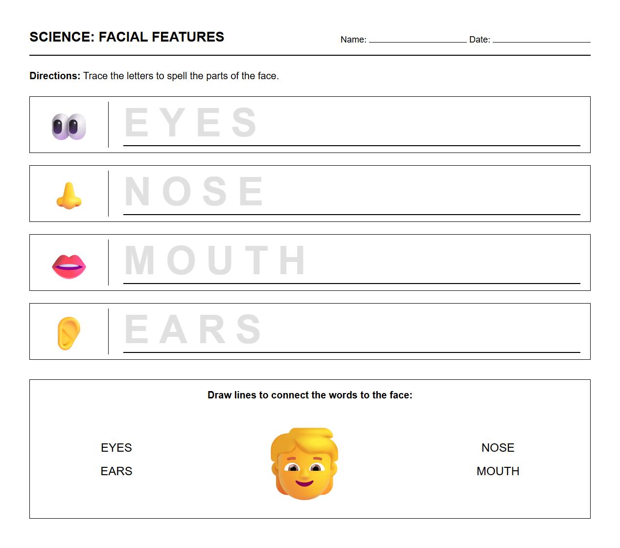 Facial Features Spelling and Print Awareness Tracing Sheet