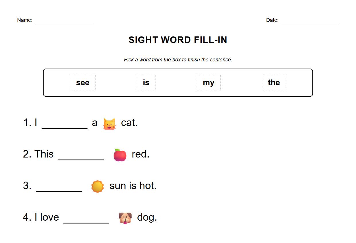 Fill in the Blank Sight Word Worksheet for Kindergarten