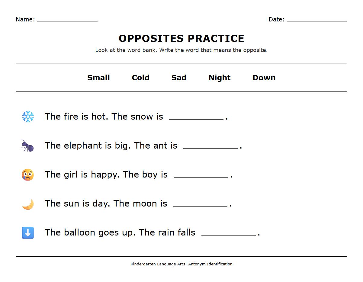 Fill in the Blanks Antonym Identification Practice