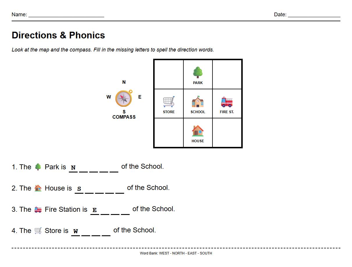 Fill in the Missing Directions Phonics Worksheet