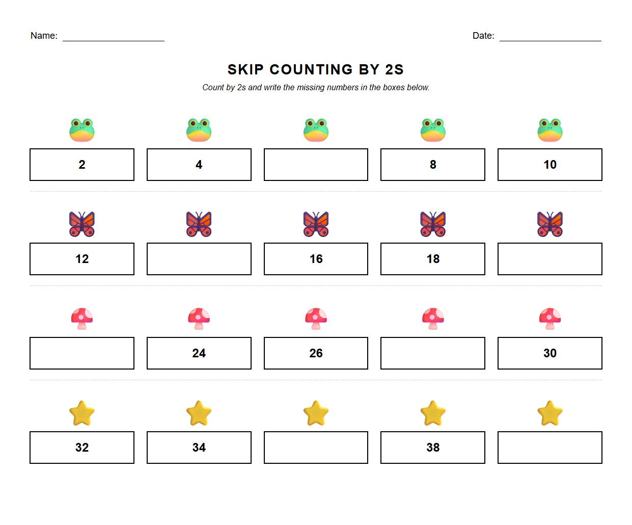 Fill in the Missing Numbers Skip Counting by 2s Worksheet