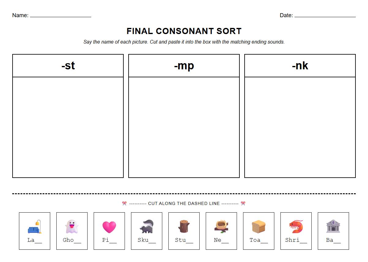 Final Consonant Cluster Sorting Worksheet