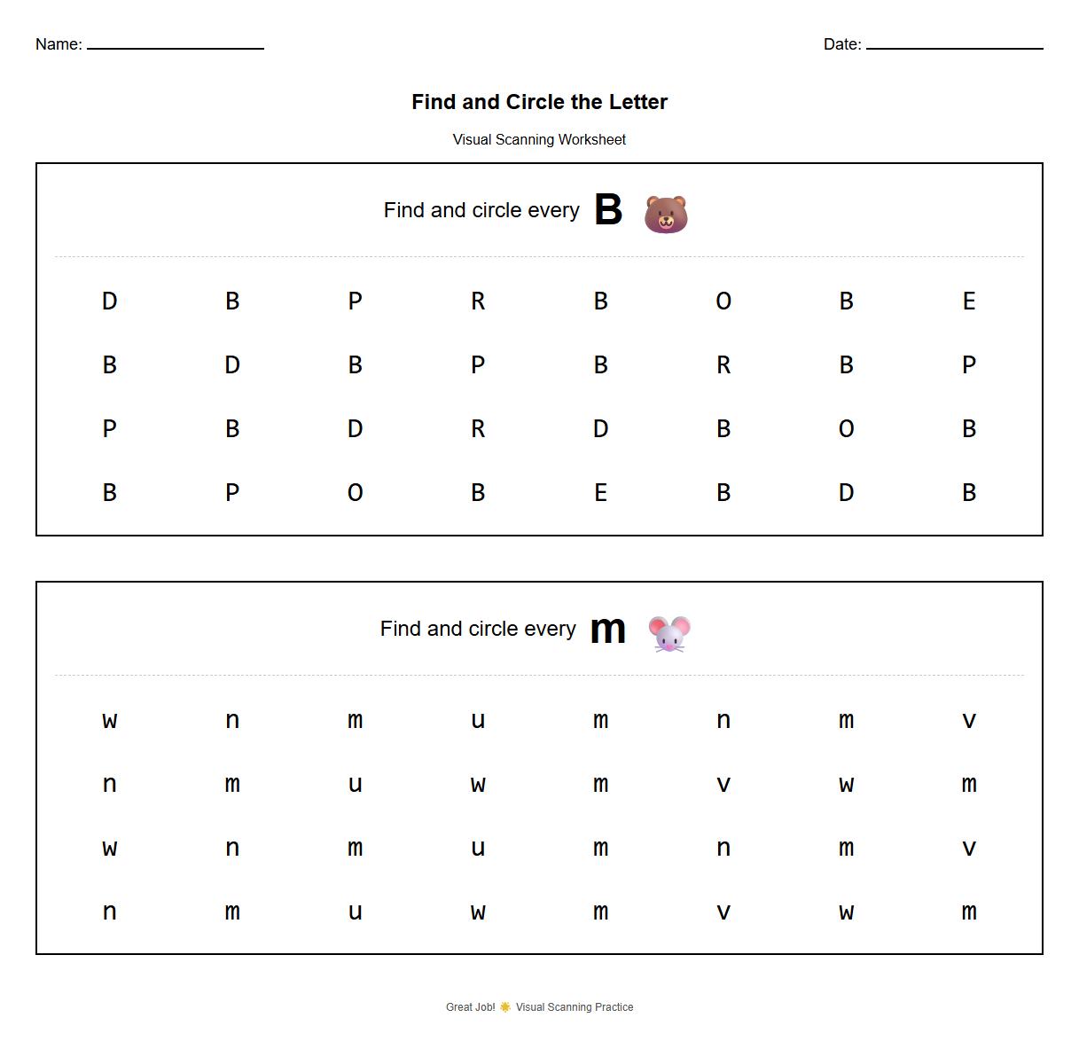 Find and Circle the Letter Worksheet for Visual Scanning Ability