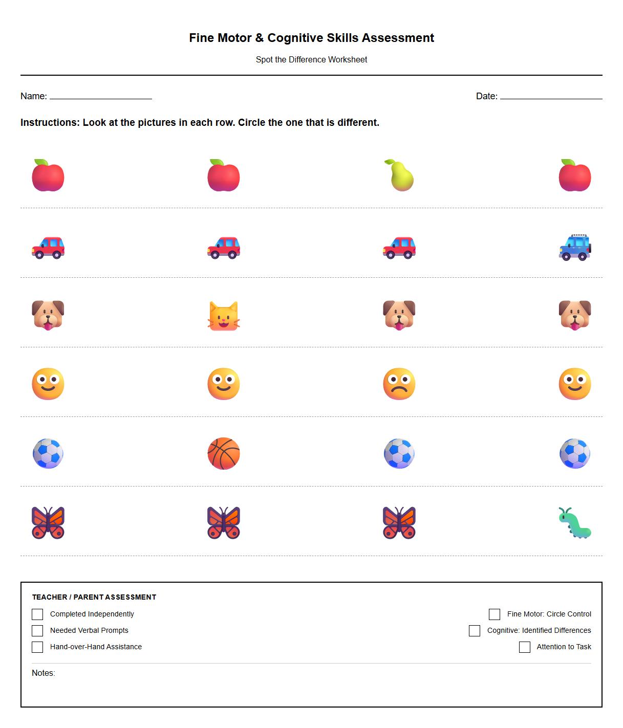 Fine Motor Skills Spot the Difference Worksheet for Kindergarten Assessment