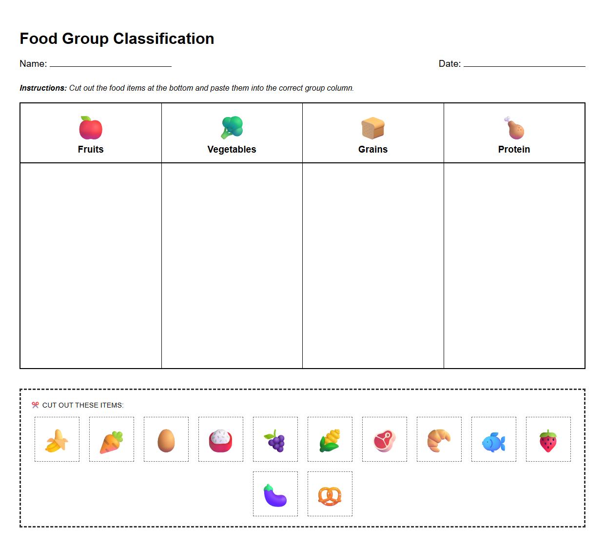 Food Group Classification Worksheet for Logical Reasoning