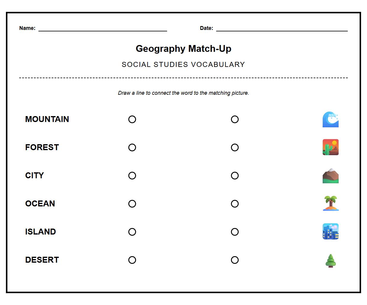 Geography Vocabulary Picture Association Worksheet
