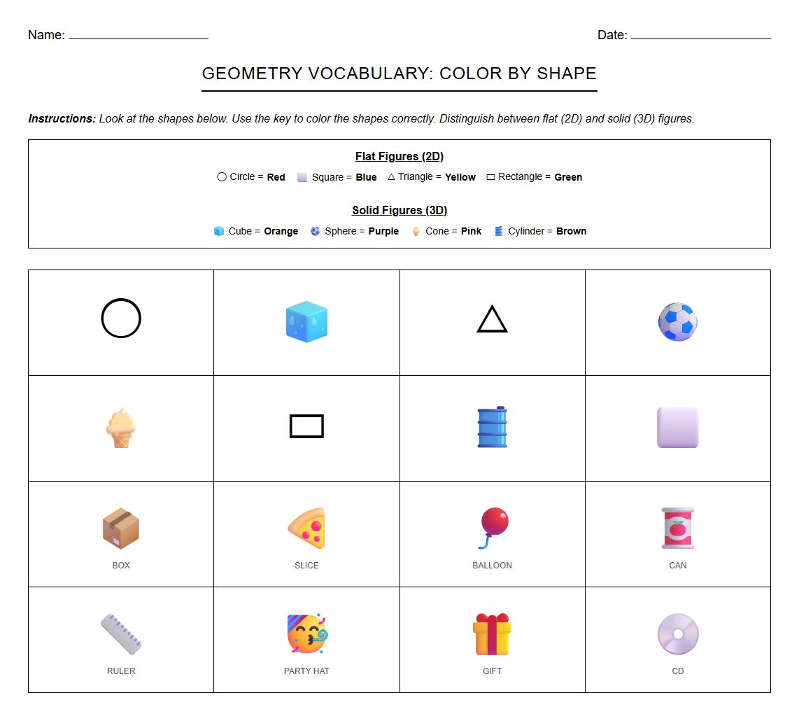 Geometry Vocabulary Color by Shape for Solid and Flat Figures