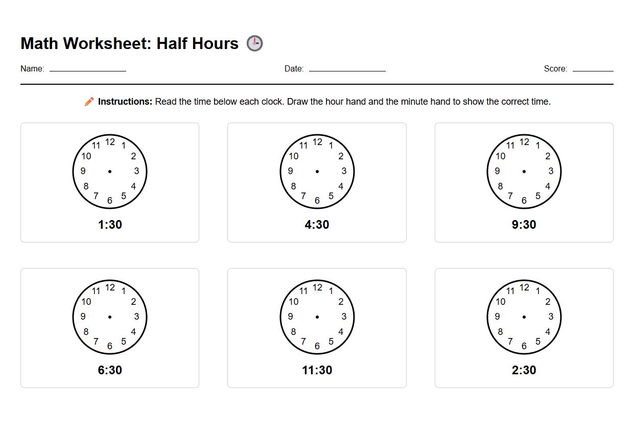 Half Hour Clock Drawing Practice Worksheet
