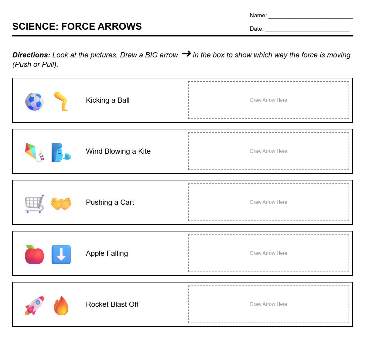 Hands On Drawing Worksheet Showing Direction of Force Arrows