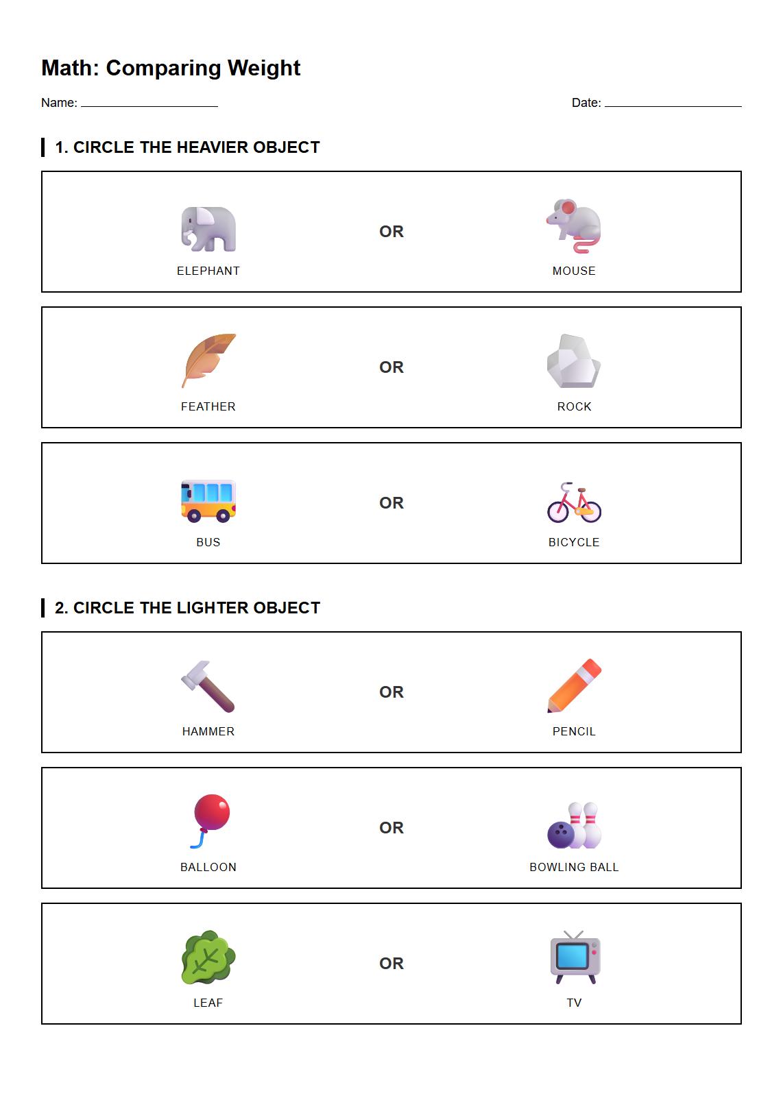 Hands On Matching Worksheet for Comparing Two Objects by Weight