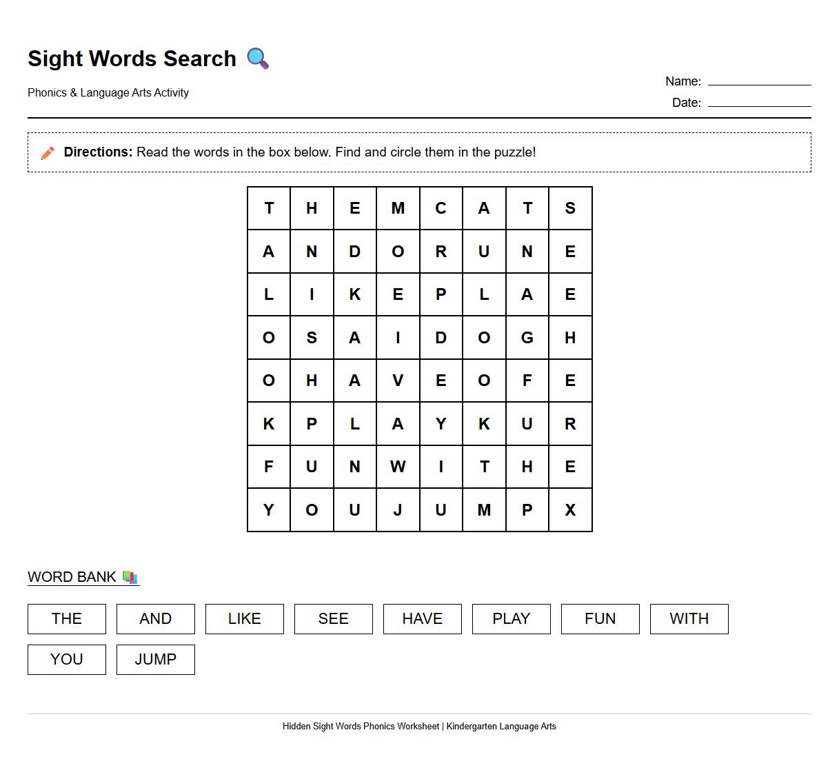 Hidden Sight Words Phonics Word Search