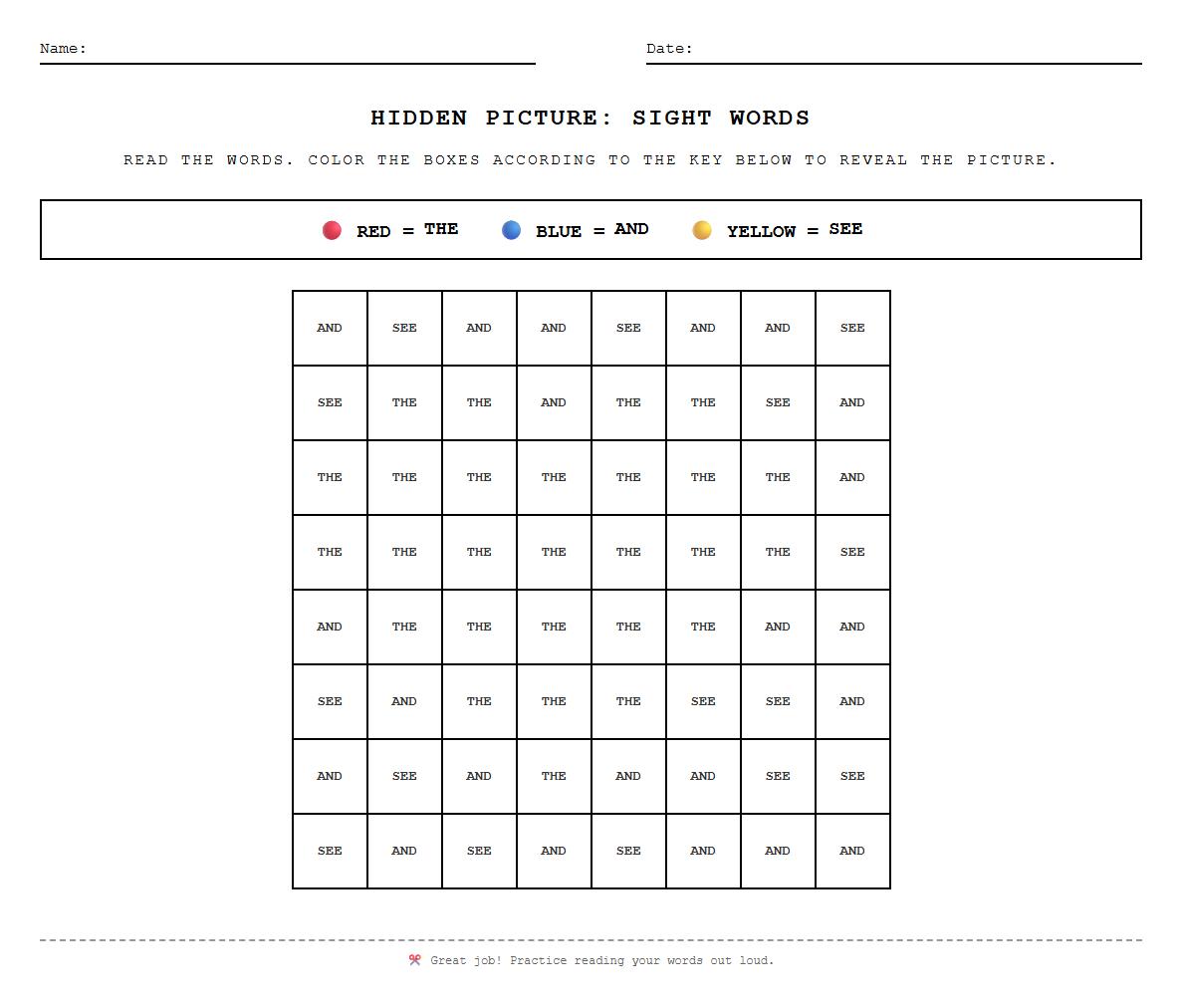 High Frequency Words Hidden Picture Color by Number Worksheet