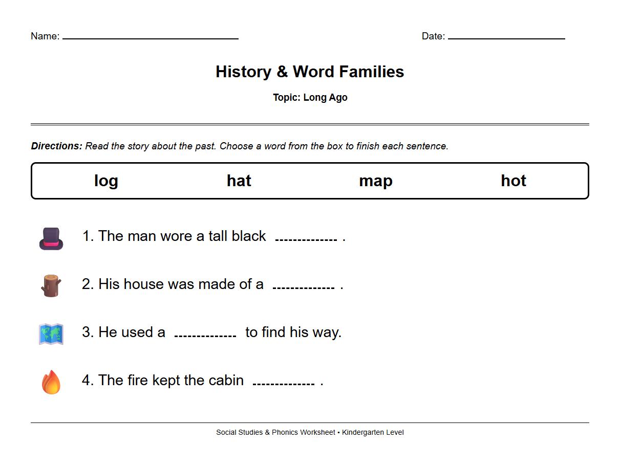 History Story Sentences with Word Families Worksheet