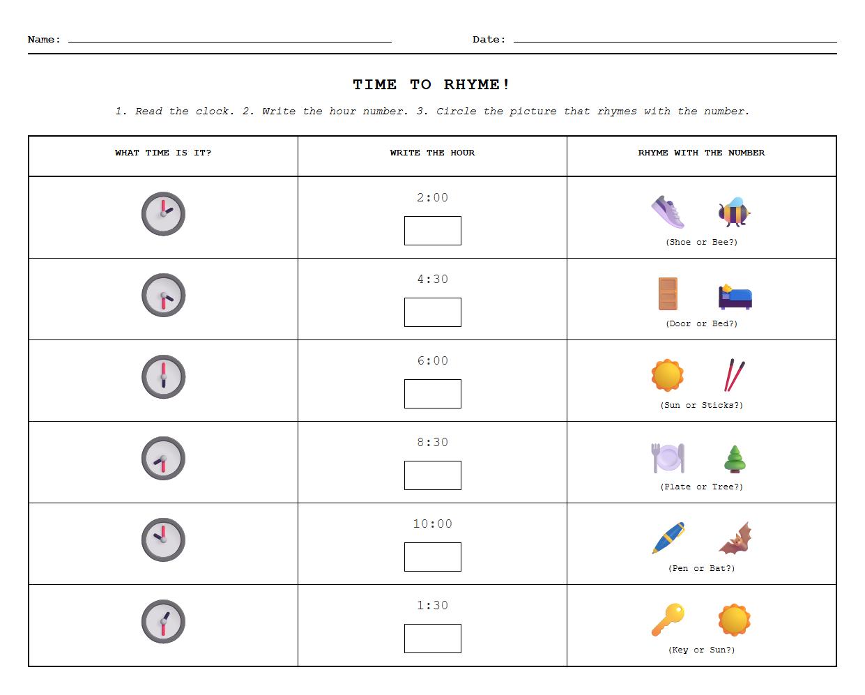 Hour or Half Hour Phonics Rhyming Practice