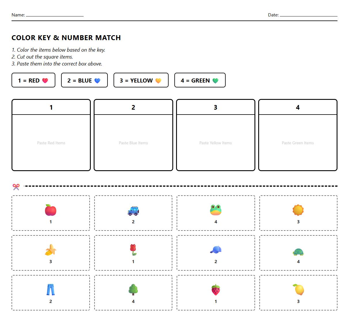 Interactive Color Sorting Worksheet Using Number Recognition