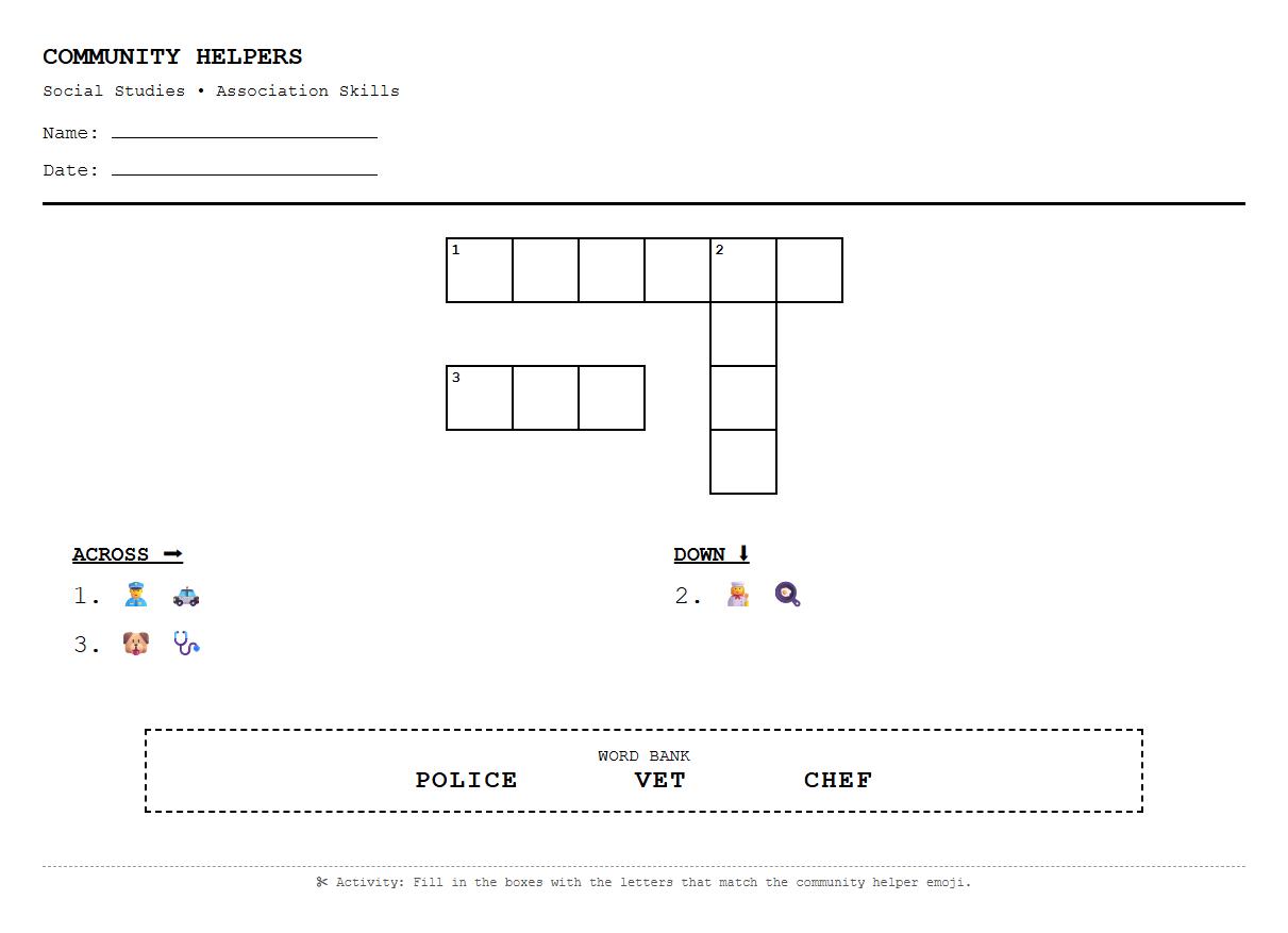 Interactive Crossword Puzzle for Community Helpers Association Skills