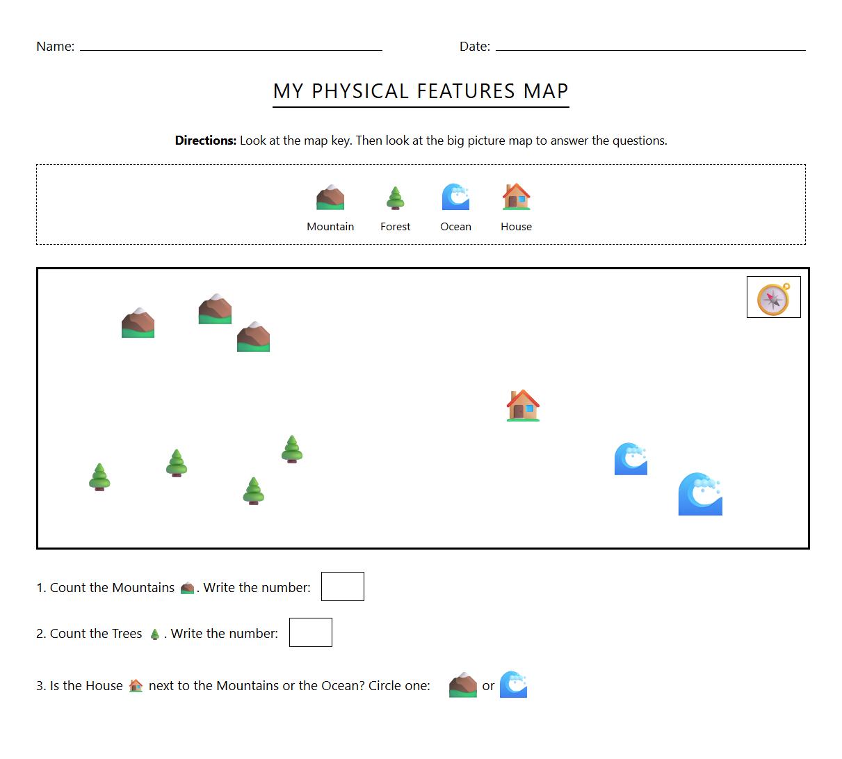 Kindergarten Geography Worksheet on Physical Features Using Picture Maps