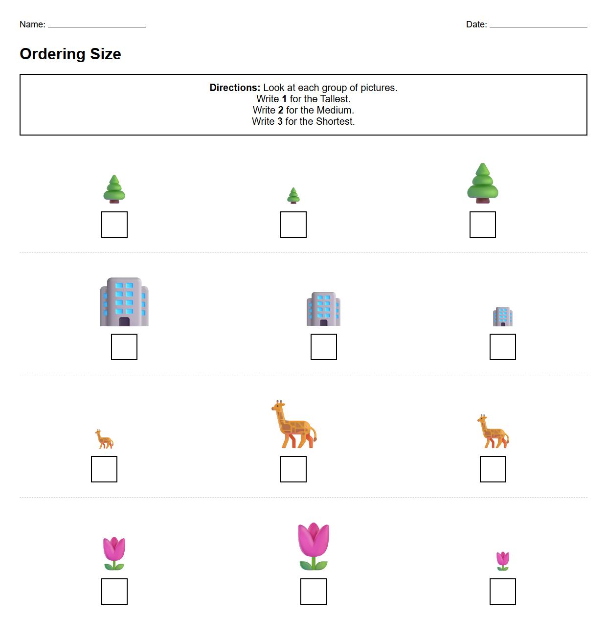 Kindergarten Measurement Worksheet Using Visuals for Sequencing Tallest to Shortest