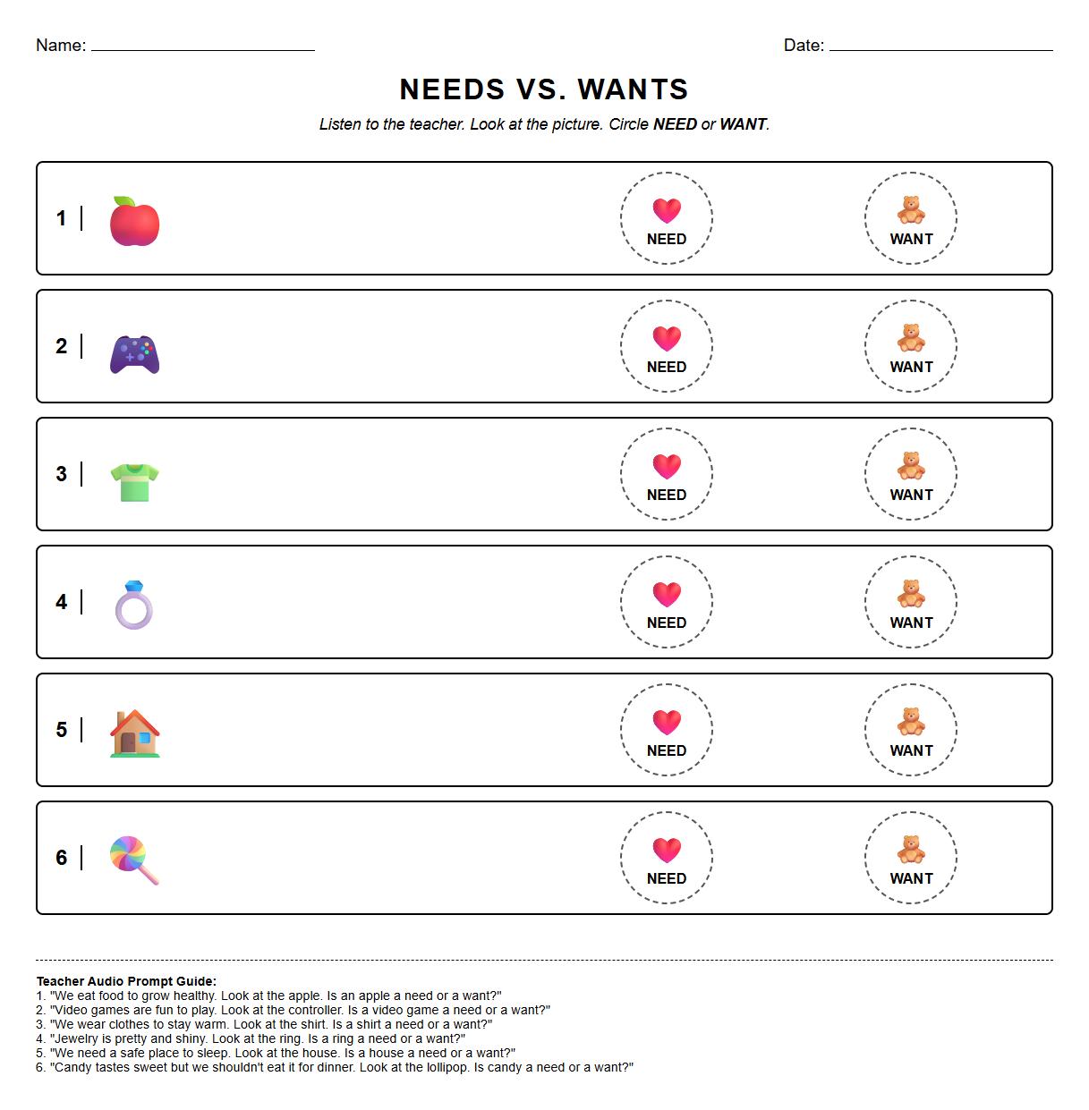 Kindergarten Needs vs Wants Audio Prompt Circle Sheet