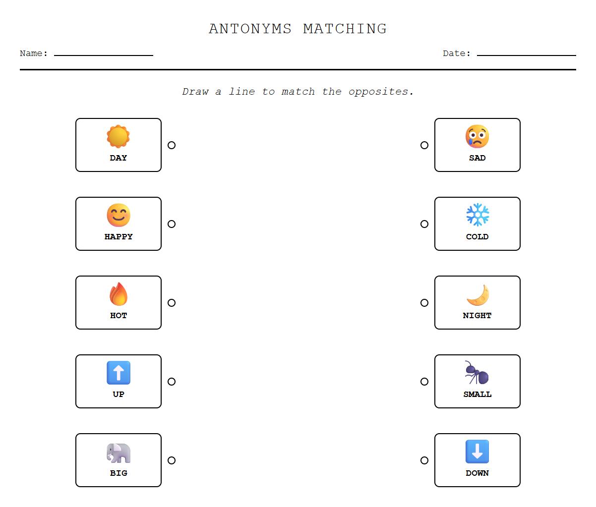 Kindergarten Phonics Worksheets: Antonyms Matching Pairs