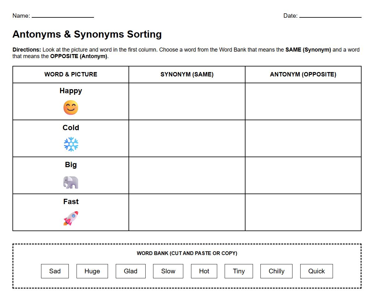 Kindergarten Phonics Worksheets: Antonyms and Synonyms Sorting Table