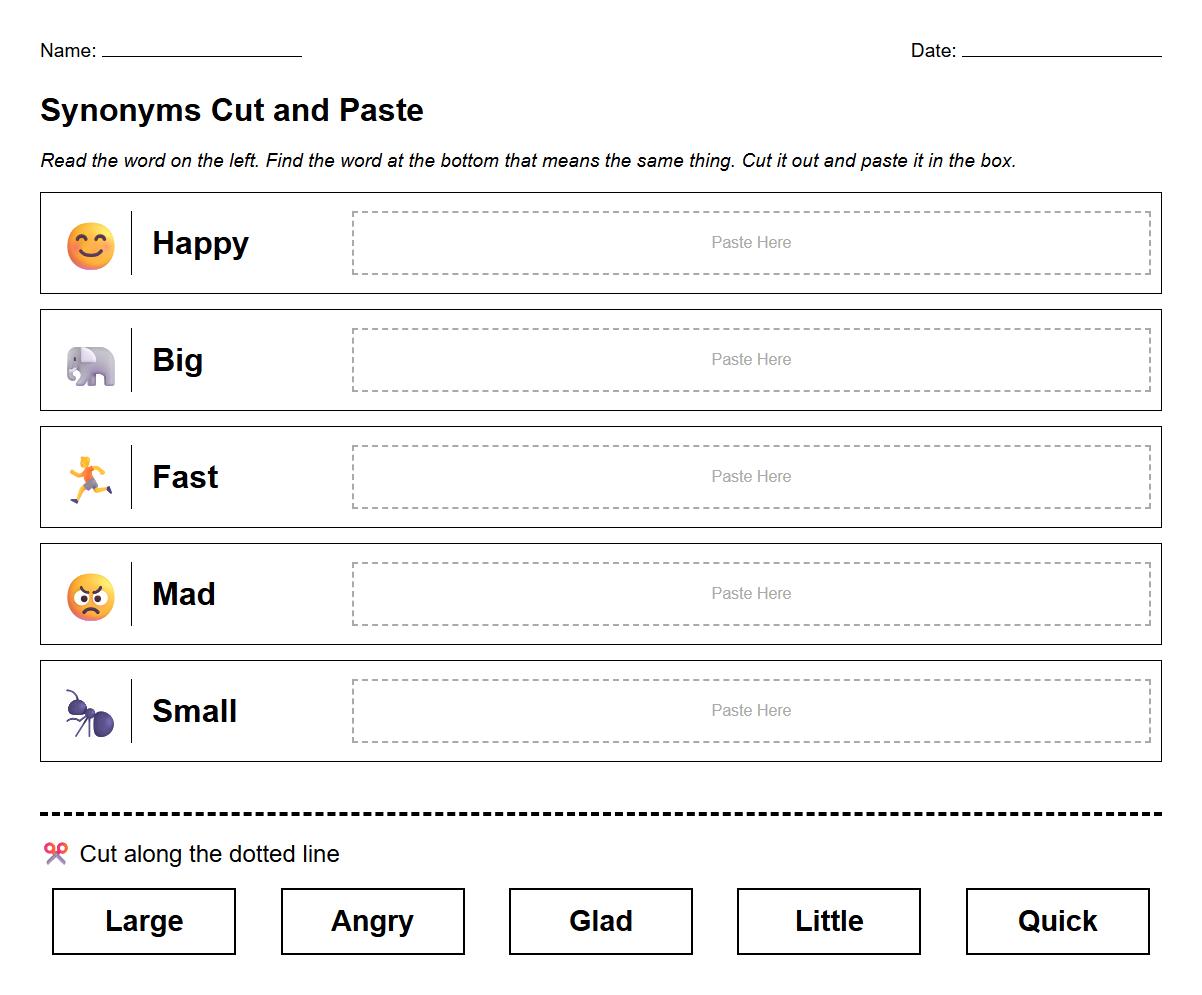 Kindergarten Phonics Worksheets: Synonyms Cut and Paste Activity