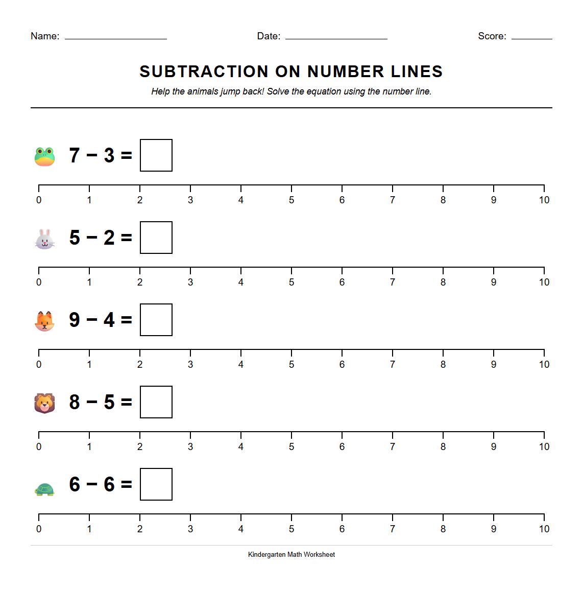 Kindergarten Subtraction Worksheet Using Number Lines